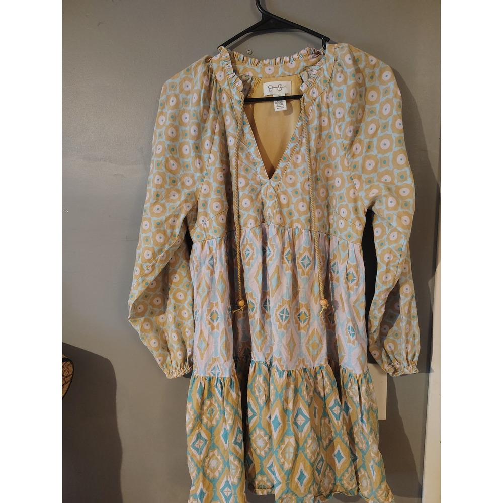 Jessica Simpson Boho Mixed Print Tiered Mini Dress Yellow Turquoise Small
